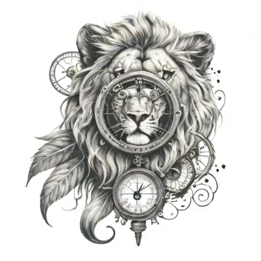 half lion, watch, compass, music  tattoo design idea