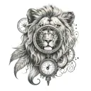 half lion, watch, compass, music  tattoo design idea