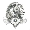 half lion, watch, compass, music  tattoo design idea