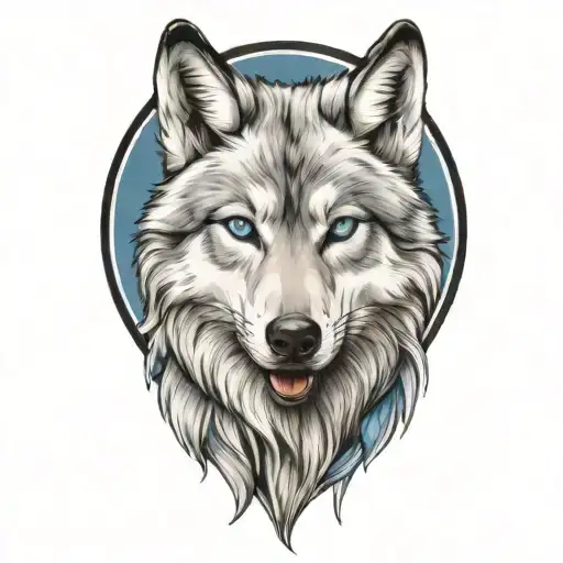 happy tongue gray wolf puppy with blue eyes surrounded tattoo design idea