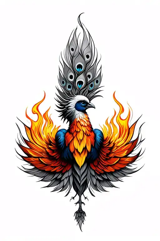 frontal view of a majestic rising from the ashes phoenix with peacock feathers  tattoo design idea