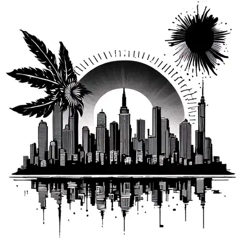 A futuristic Dallas skyline merging with a traditional Filipino sun design tattoo design idea