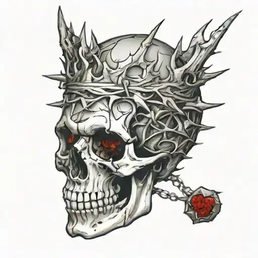 Broken Skull no jaw covered in blood with a diadem of thorns. Cracks, satanic, Satanism. broken teeth, missing teeth. tattoo design idea