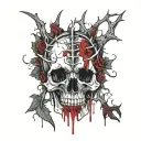 Broken Skull no jaw covered in blood with a diadem of thorns. Cracks, satanic, Satanism. broken teeth, missing teeth. tattoo design idea