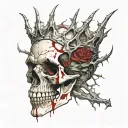 Broken Skull no jaw covered in blood with a diadem of thorns. Cracks, satanic, Satanism. broken teeth, missing teeth. tattoo design idea