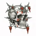 Broken Skull no jaw covered in blood with a diadem of thorns. Cracks, satanic, Satanism. broken teeth, missing teeth. tattoo design idea