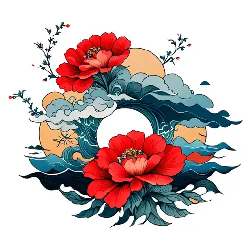 japanese styled FLOWERE CLOUDS AND SEA TATTOO COLORFUL REDS BLUES GREENS BEAUTIFUL RED FLOWERS tattoo design idea