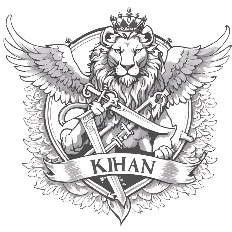 crowned and winged lion holding sword with   keys forming a "KHAN" in a banner tattoo design idea