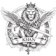 crowned and winged lion holding sword with   keys forming a "KHAN" in a banner tattoo design idea