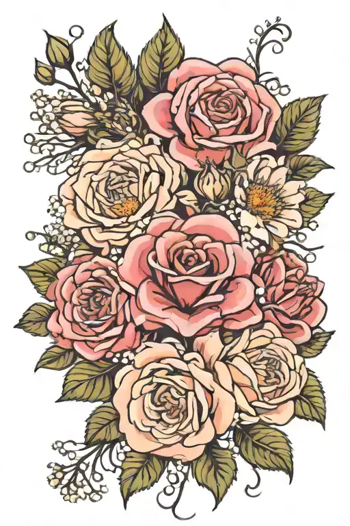 Roses, rose buds, daisies, asters morning glorys, babies breath tattoo design idea