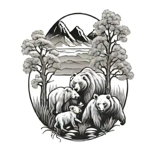 bear family under a willow tree with mountains and mushrooms tattoo design idea