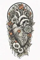 abstract design human heart, poppies, anemones, mushrooms, love and the letters J and C tattoo design idea