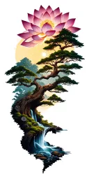 Collage Constellations lotus outline , Buddhist landscape, Trees, Waterfall, Wood steampunk Gears, mandala tattoo design idea