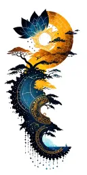 Collage Constellations lotus outline , Buddhist landscape, Trees, Waterfall, Wood steampunk Gears, mandala tattoo design idea