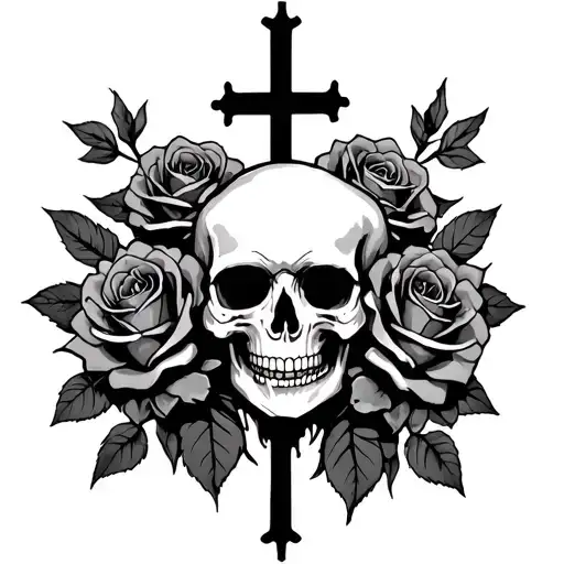 skull with upside cross with dead roses tattoo design idea