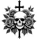 skull with upside cross with dead roses tattoo design idea