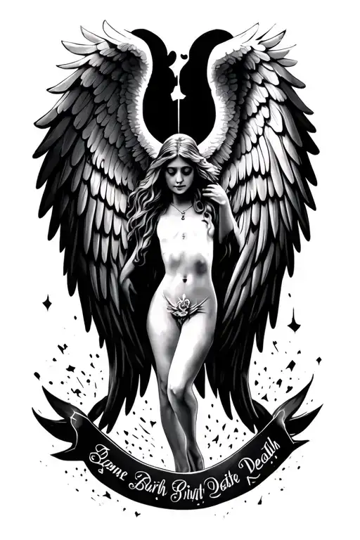 Angel wings with date of birth and date of death tattoo design idea
