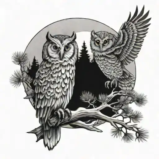 coniferous forest, mountains, sunrise, two owls on branches tattoo design idea