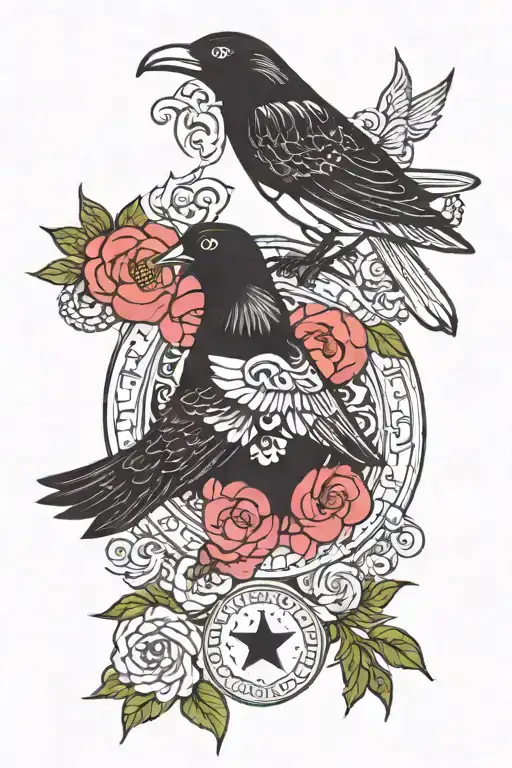 humsa with fingers up, chai in the middle in a circle. the thumb is a white dove, pinky a black crow. tattoo design idea