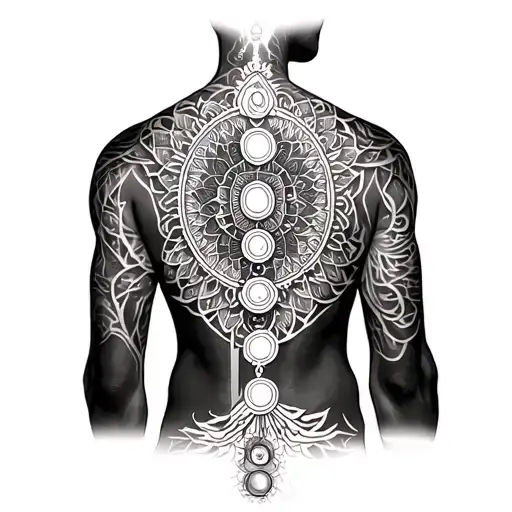 Man full back geometric with the 7 chakras going down the spine, mandala and some background  tattoo design idea