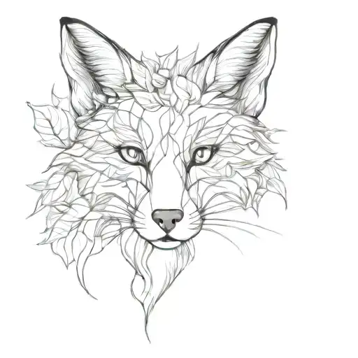 fox face sideways with a twig with leaves and a twig tattoo design idea