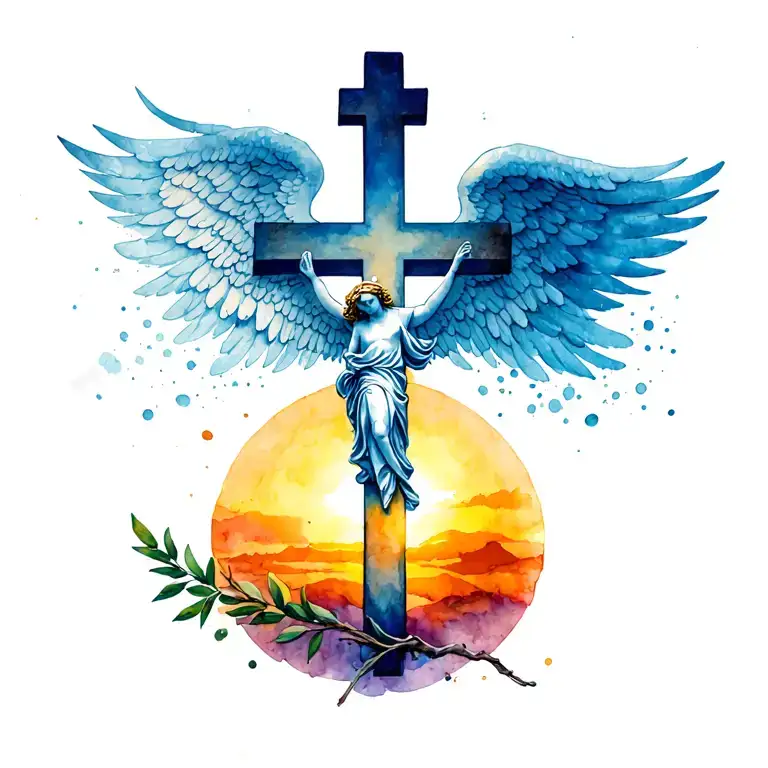 angel  Catholic cross wrapped with olive branch with a sunset behind it  tattoo design idea