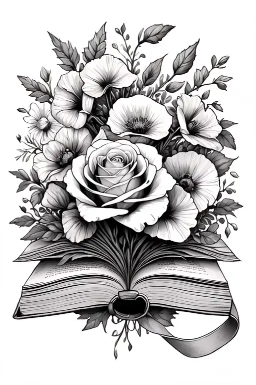 Open book with flowers coming out of the binding, rose, honeysuckle, gladiolus, poppy, ribbon around the flowers, and in tattoo design idea