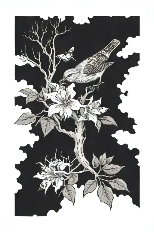 oak tree with azalea, honeybee, and brown thrasher tattoo design idea
