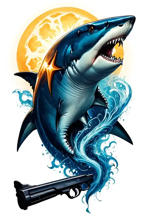sun and shark and gun and roll and gost and dark blue tattoo design idea