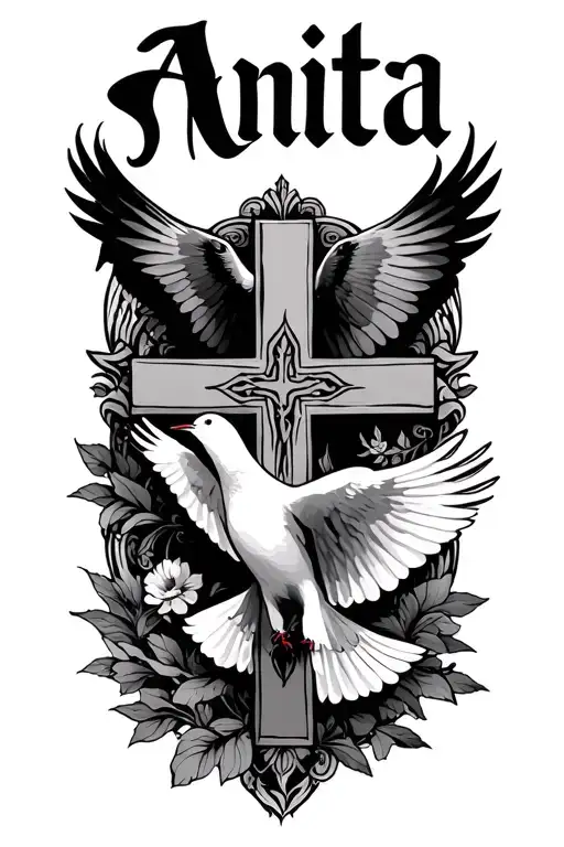 "Anita" Cross doves flying tattoo design idea
