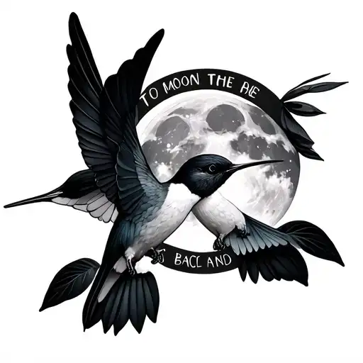 two  realistic black and white humming birds with the words to the moon and back tattoo design idea