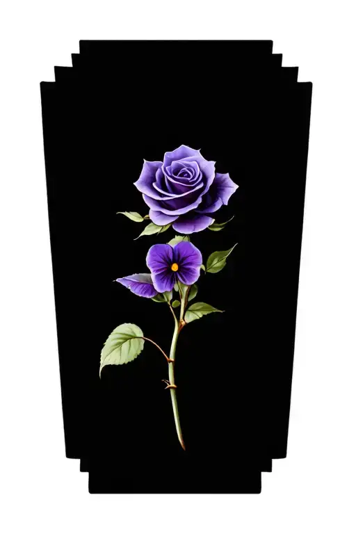 Single rose with african violet wrapped around stem tattoo design idea