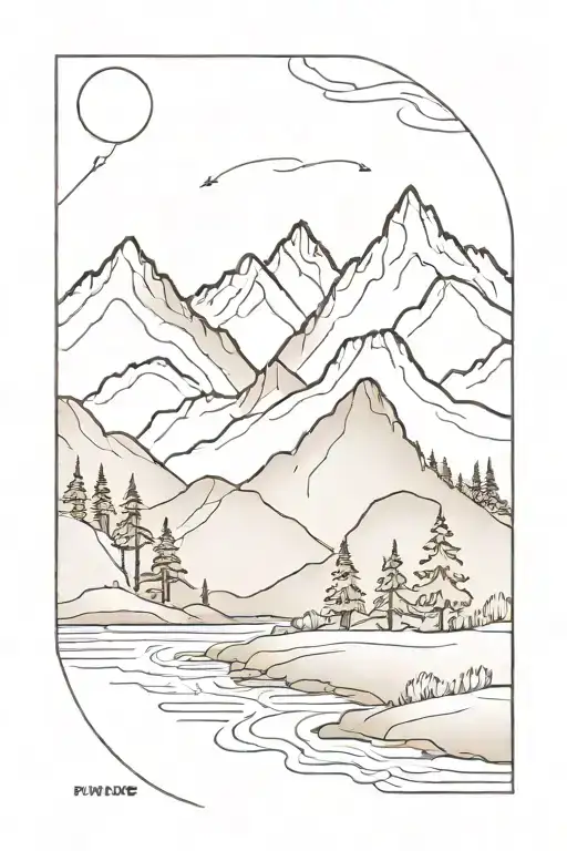 mountains with river flowing near trees growing tattoo design idea
