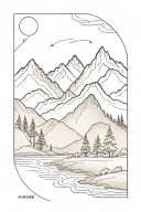 mountains with river flowing near trees growing tattoo design idea