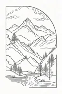 mountains with river flowing near trees growing tattoo design idea