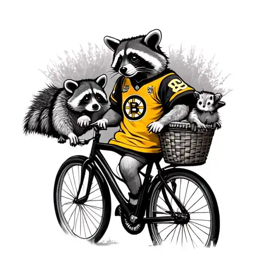Raccoon wearing a Boston bruins jersey riding a bicycle with an opossum in a basket pencil /line work style  tattoo design idea