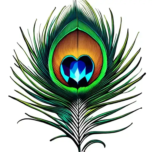 abstract peacock feather with heart shaped gem in the feather tattoo design idea