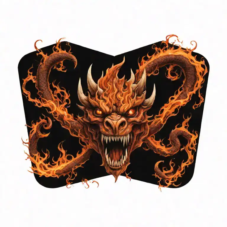 The face of Caraxes from House of the Dragon emerging from smoke and fire. tattoo design idea