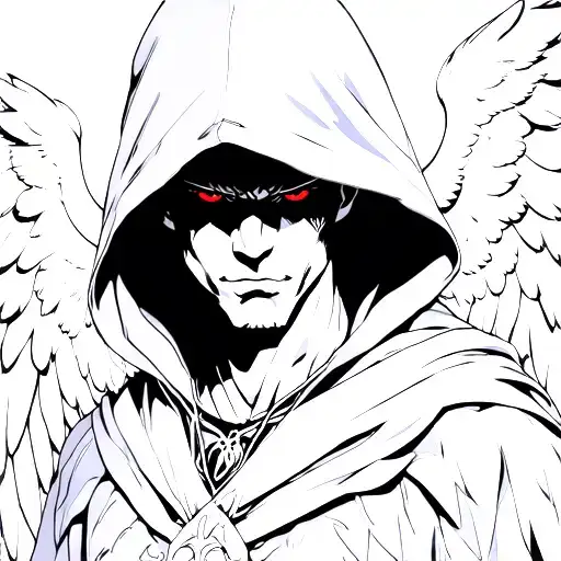 a masculine male angel wearing a hood shadowing his face, red eyes shine from the darkness. tattoo design idea