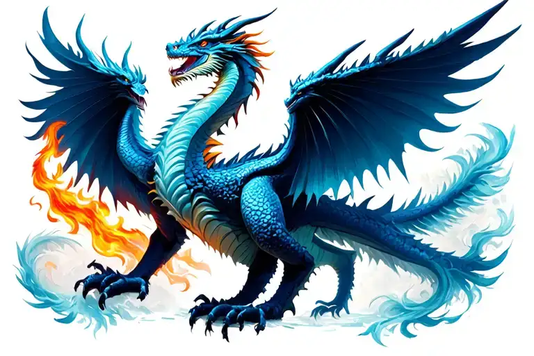 Fantasy, mystical dragon and phoenix, fire and ice tattoo design idea
