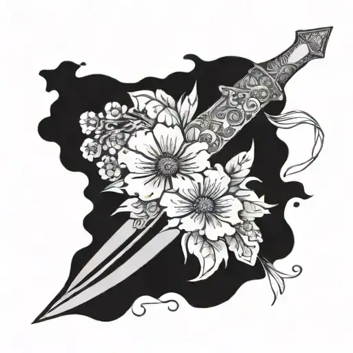Scottish dirk surrounded by December, August, June and march birth flowers tattoo design idea