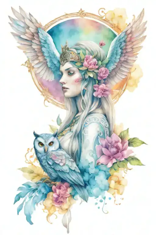 athena goddess with owl perched regally on the sturdy tattoo design idea