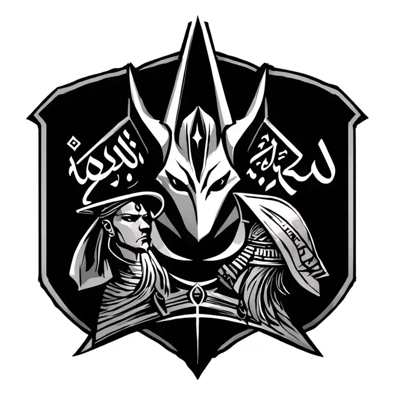 egyptian god anubis and ra with assassin's creed mirage emblem with arabic, persian and old greece writing  tattoo design idea