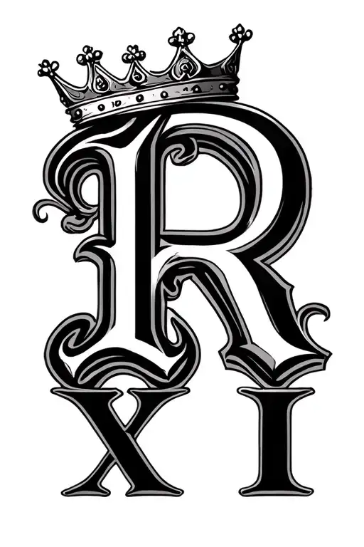 The letter R with a crown on top and XI on the bottom of the letter  tattoo design idea