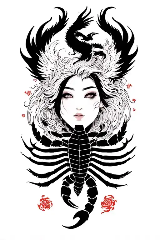 sillouette of a woman’s face serene and powerful. A scorpion covering her chest reincarnate phoenix and dragon  tattoo design idea