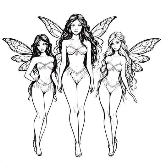 three fairies. one curvy with long straight hair. one smaller with medium hair. one short with long wavy hair tattoo design idea