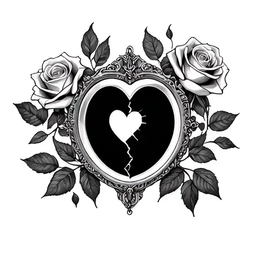 Never ever love a liar, roses, glass heart, broken mirror, curtains closed black and white tattoo design idea