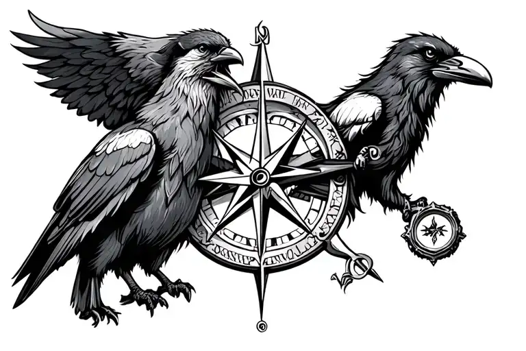 viking tattoo with a crow and a beast and a compass tattoo design idea