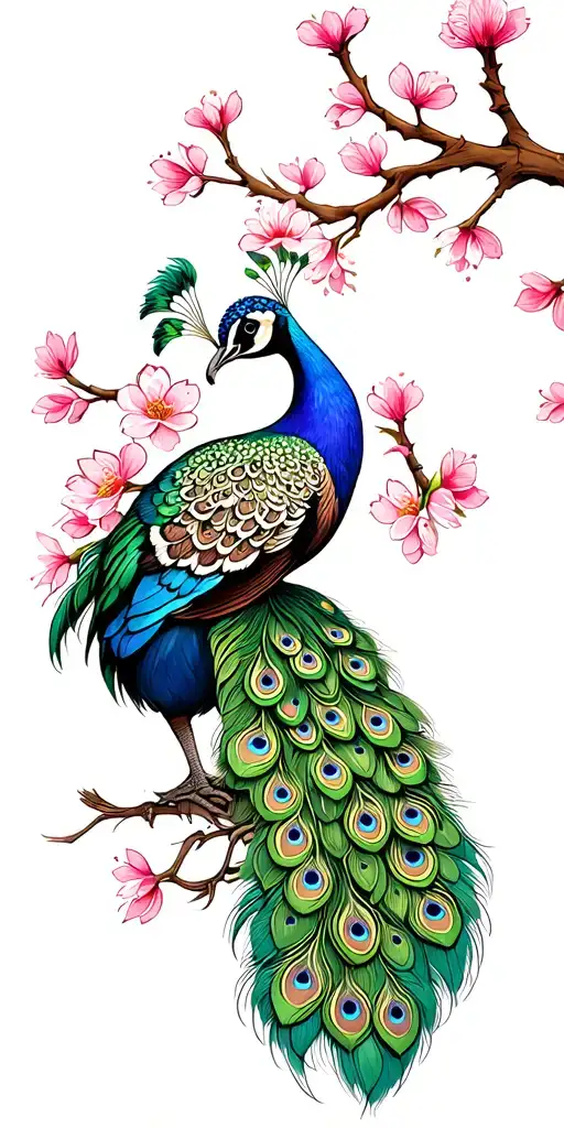 peacock sitting on a cherry blossom branch. the feathers and peacock are made with paisley designs  tattoo design idea