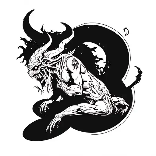 Devil and crescent moon on the back. The inscription "THE SEVEN DEADLY SINS" tattoo design idea